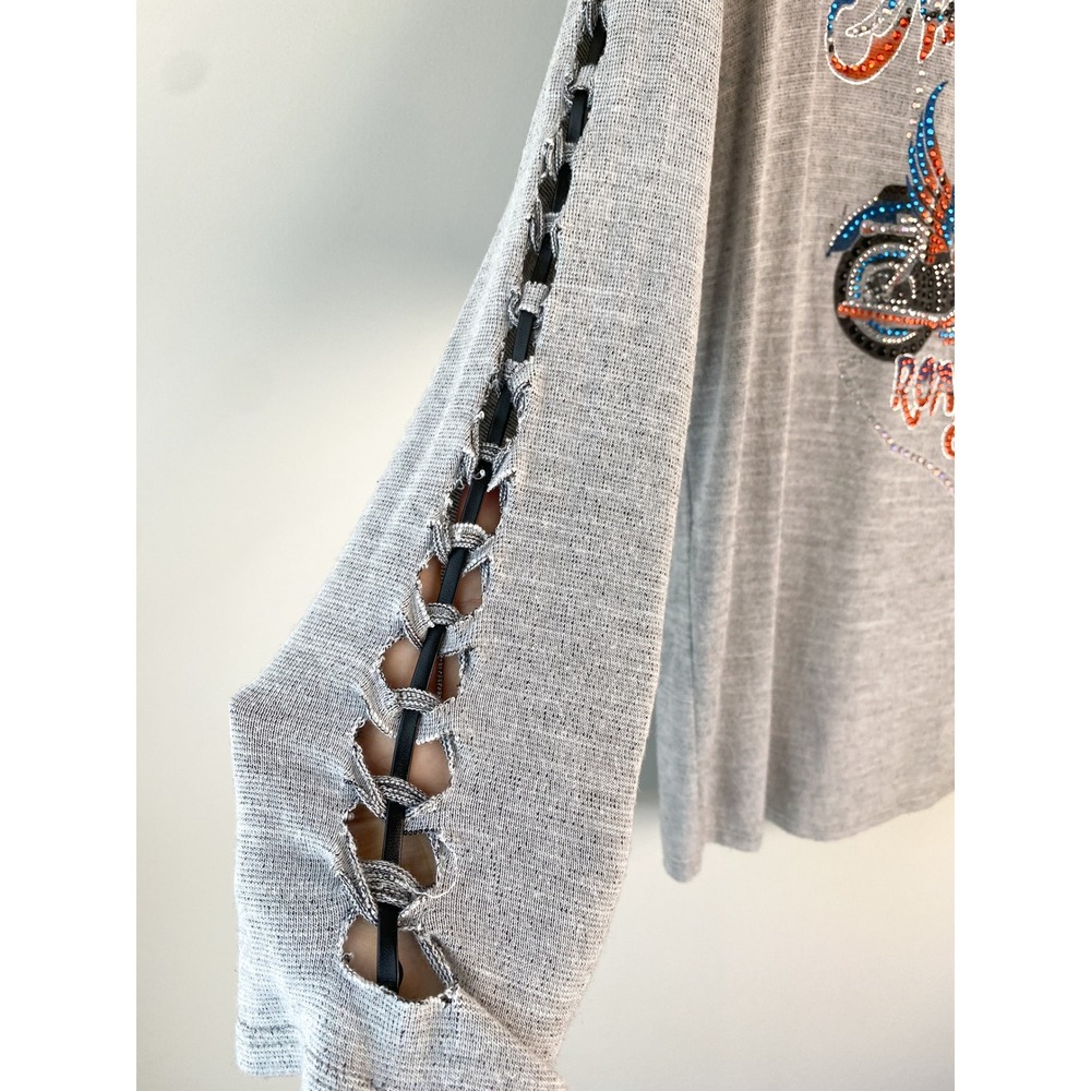 Harley Davidson‎ Womens Road Soul Rhinestone Top 2X Grey Long Sleeve Biker Y2K - Picture 4 of 9